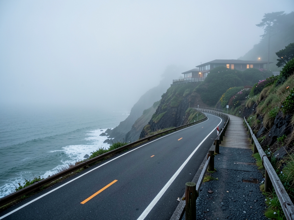 Foggy coastal highway dawn winding between cliffs gray green