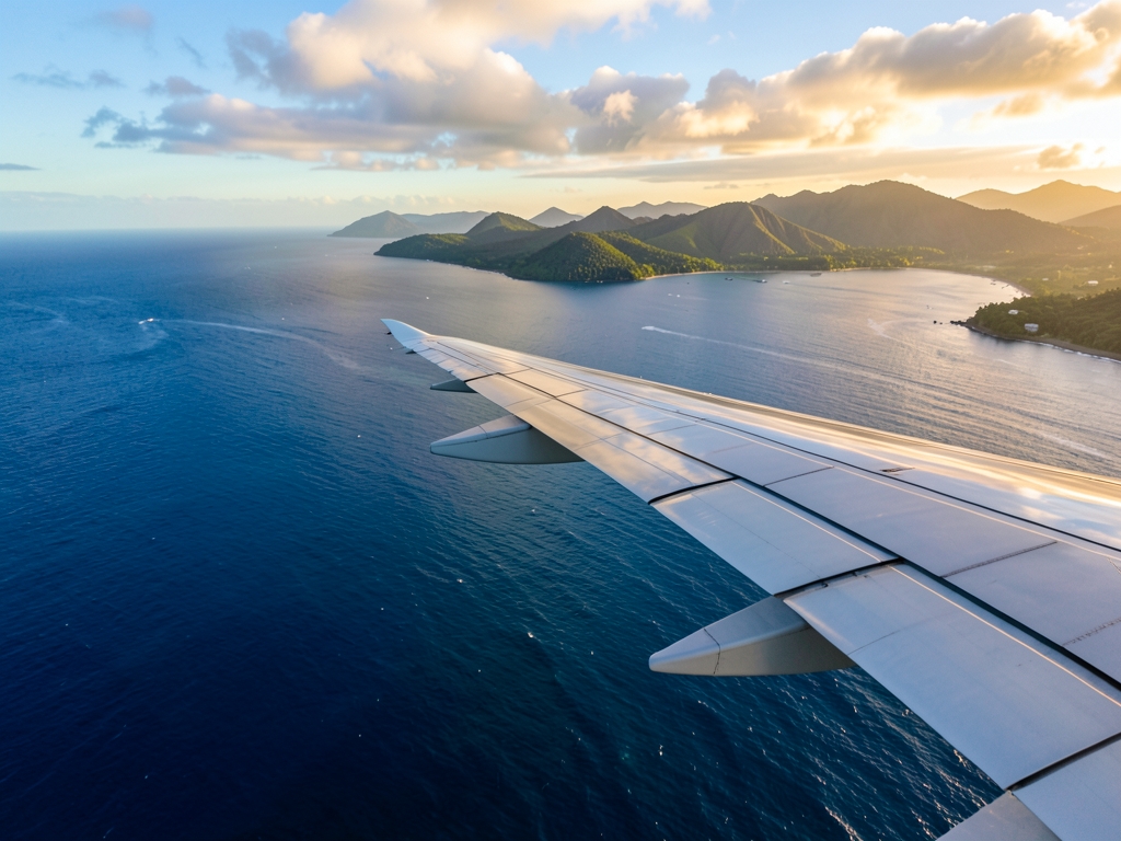 Aerial view wing over deep blue Pacific Ocean