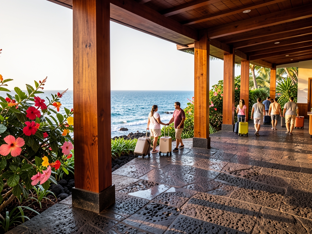 Sunlit hotel lobby terrace Wailea with open teak