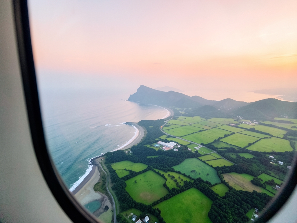 Dawn aerial view from airplane window approaching Kahului