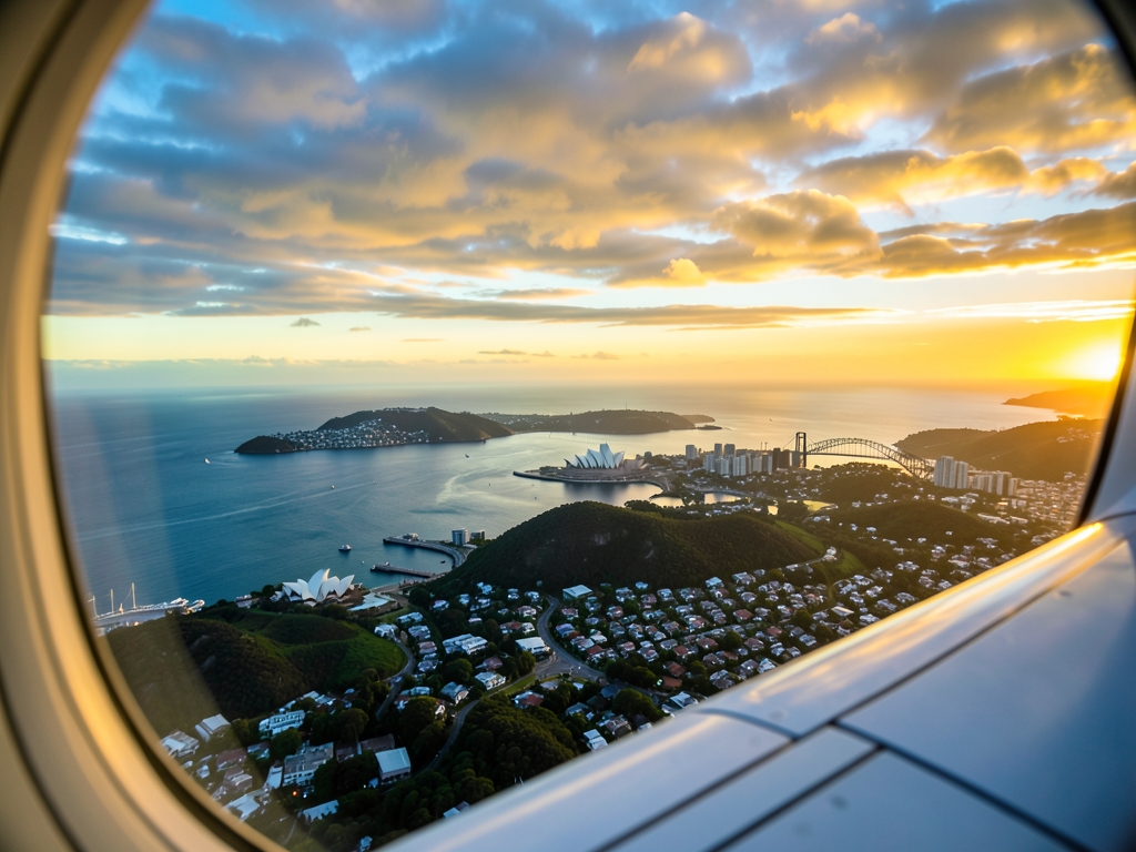 Aerial view Sydney coastline sunset from airplane window