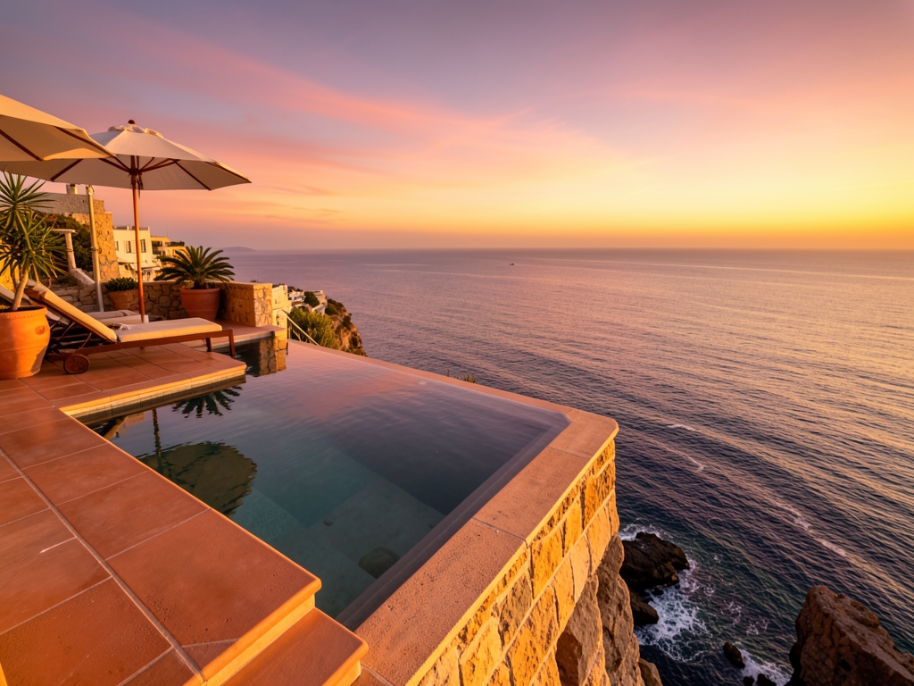 sleek infinity pool terrace perched Ibiza cliff edge