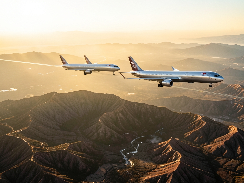 Aerial view airliners following parallel routes over volcanic