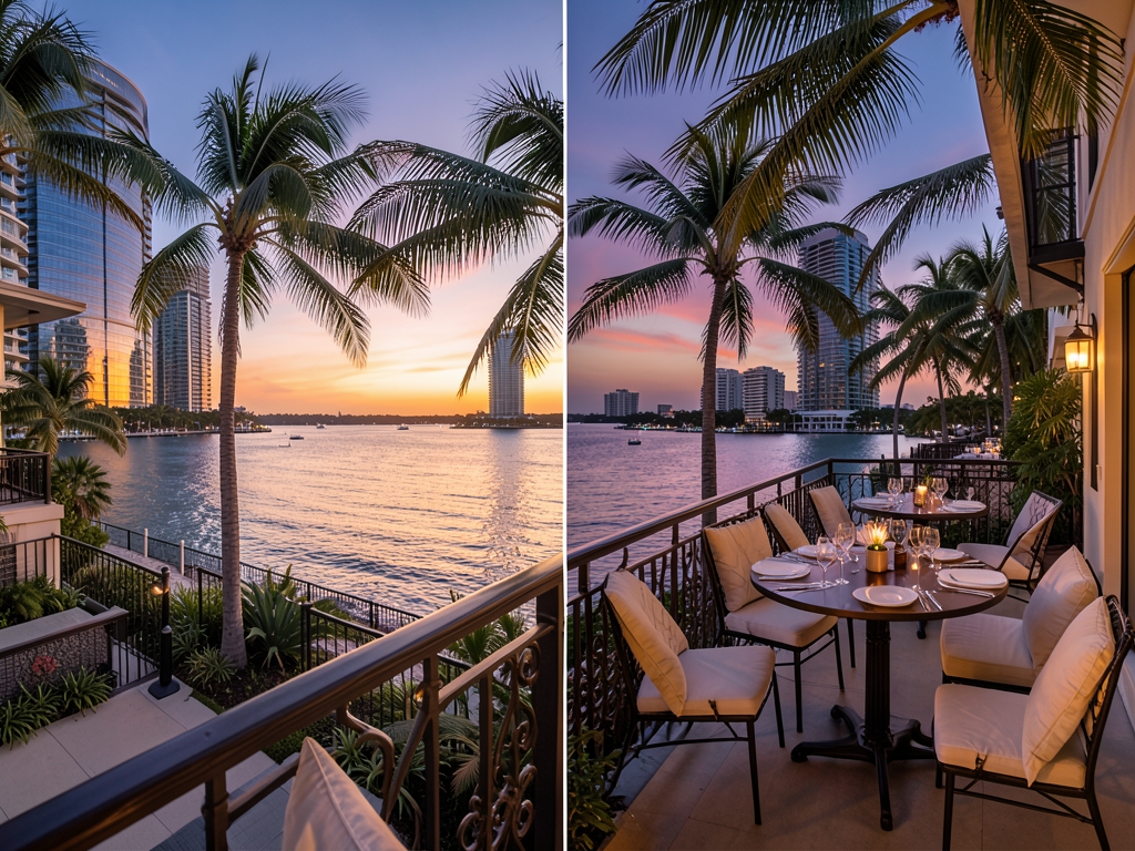 Boutique hotel balconies overlooking Biscayne sunset surrounded palm