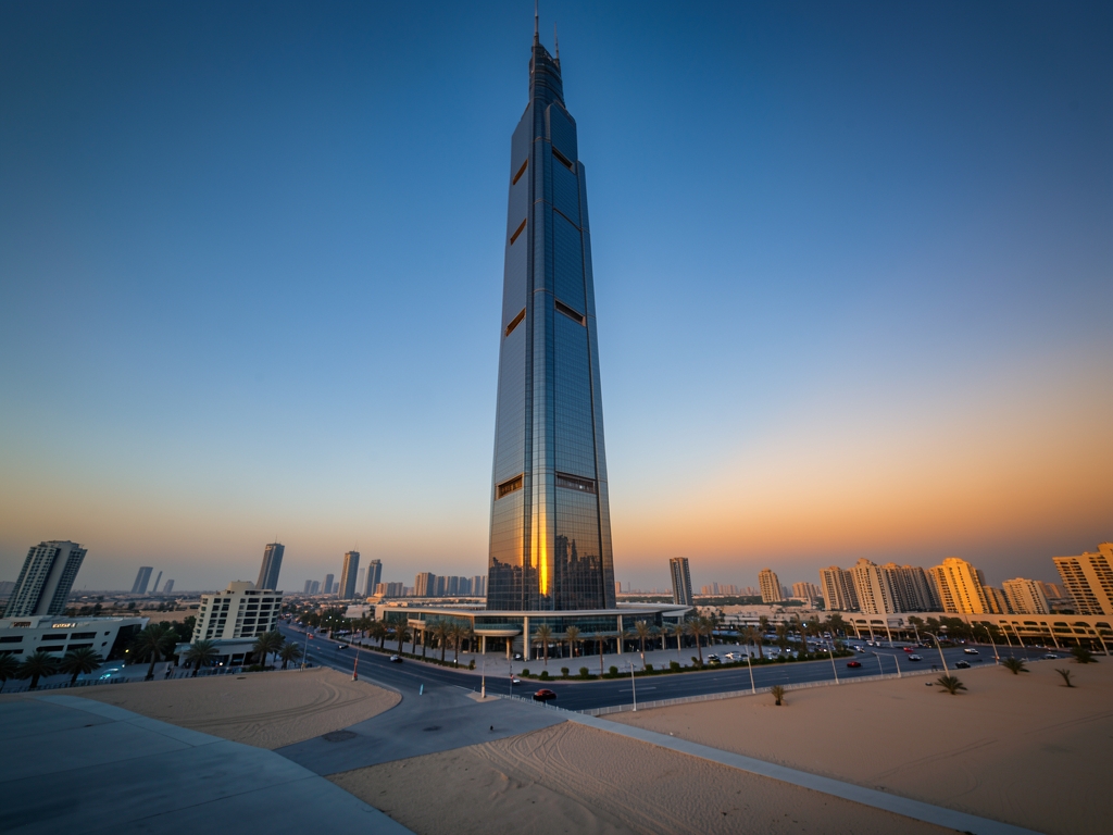 modern glass skyscraper Dubai reflects warm golden hour