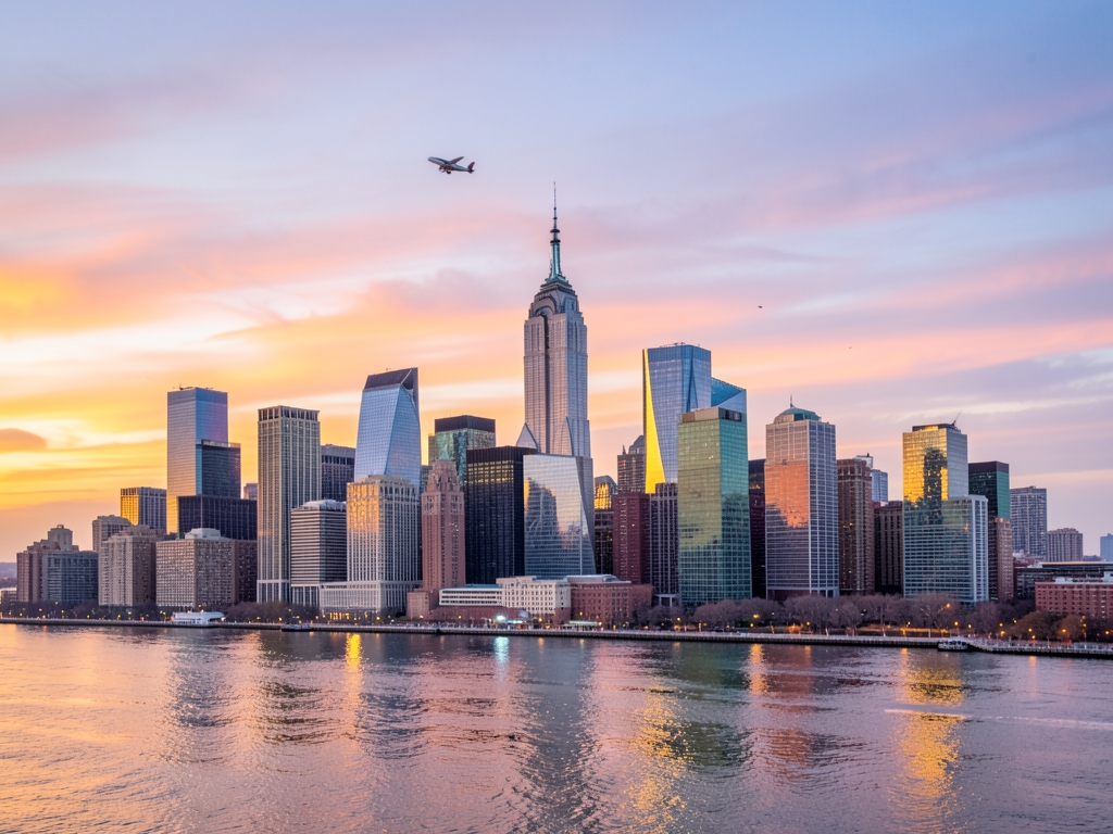 Manhattan skyline golden dusk with glass towers river