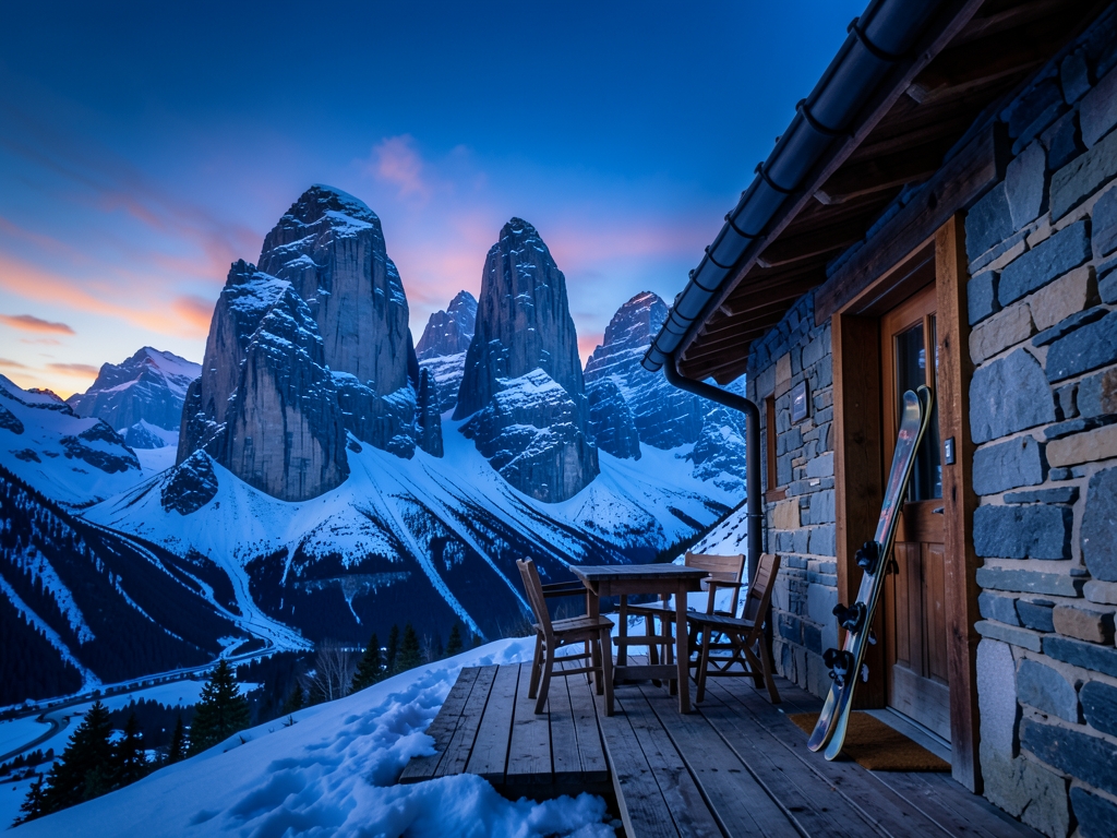 Dolomites blue hour limestone spires snow dust timber and stone