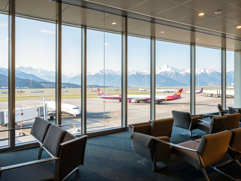Glass departure lounge overlooking sunlit airport runway sleek