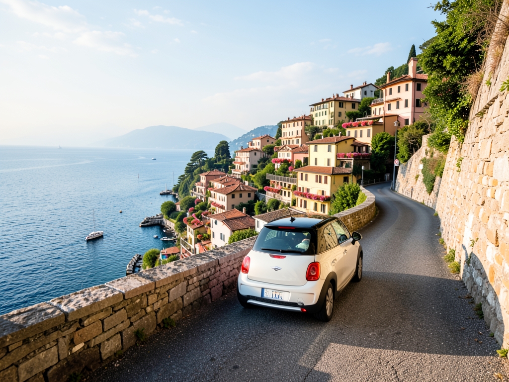 compact rental winding along stone walled road above Lake