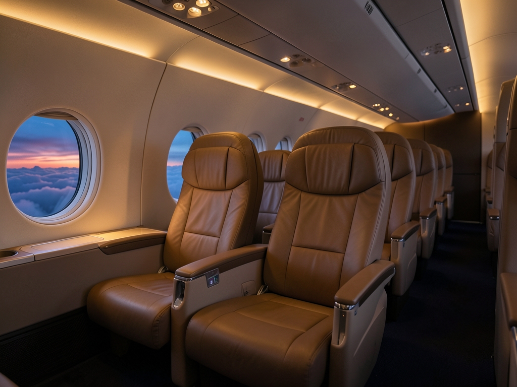 Business class aircraft cabin interior flight twilight wide