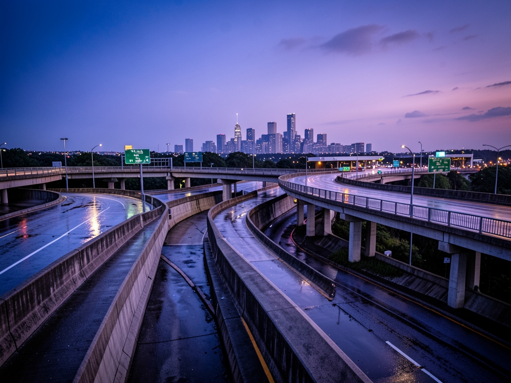 Atlanta skyline beyond rain washed highway interchange layered concrete