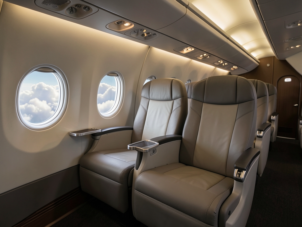 Spacious business class airplane cabin with wide leather seats