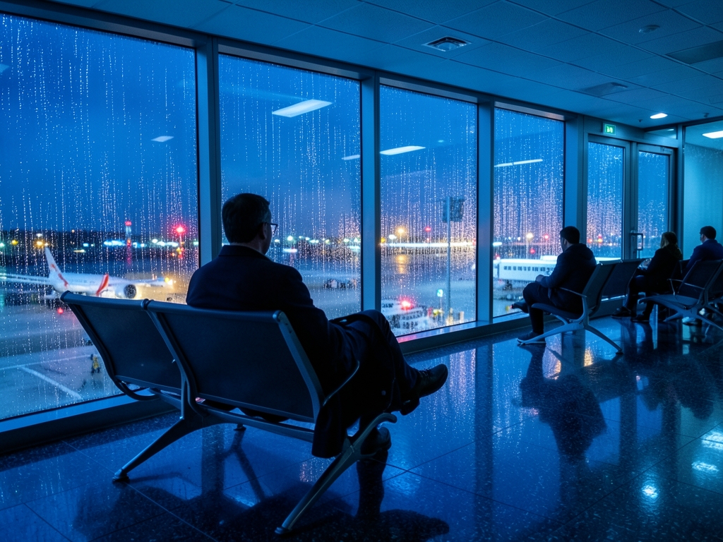 Rain streaked airport window night lone traveler seen from