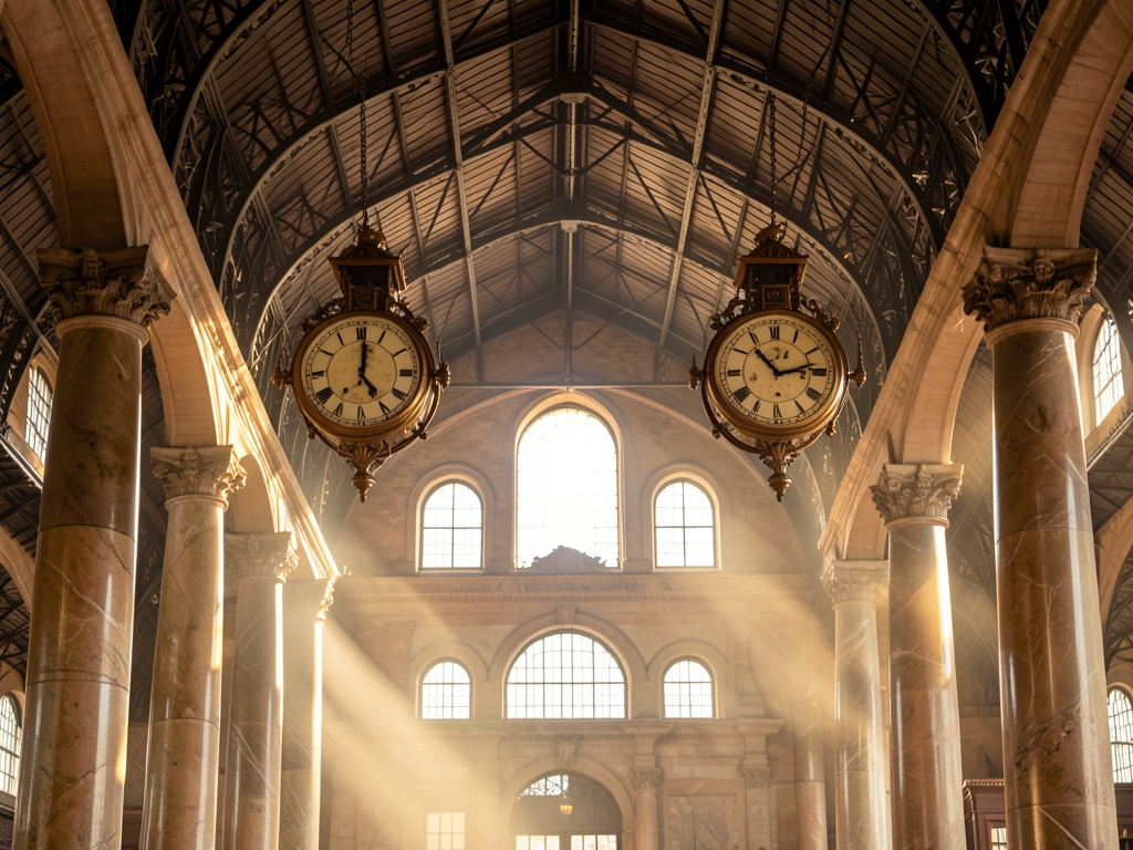 Grand historic railway station hall with twin ornate