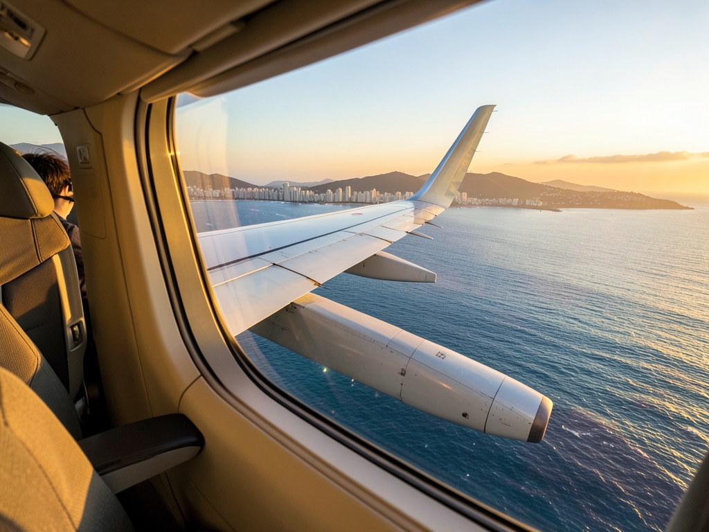 Commercial airplane wing over sunlit coastal city golden