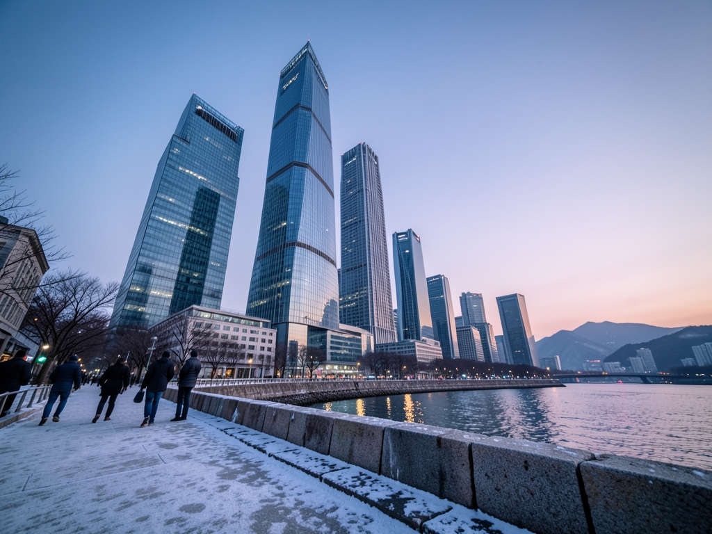 Seoul skyline dusk seen from cold River promenade