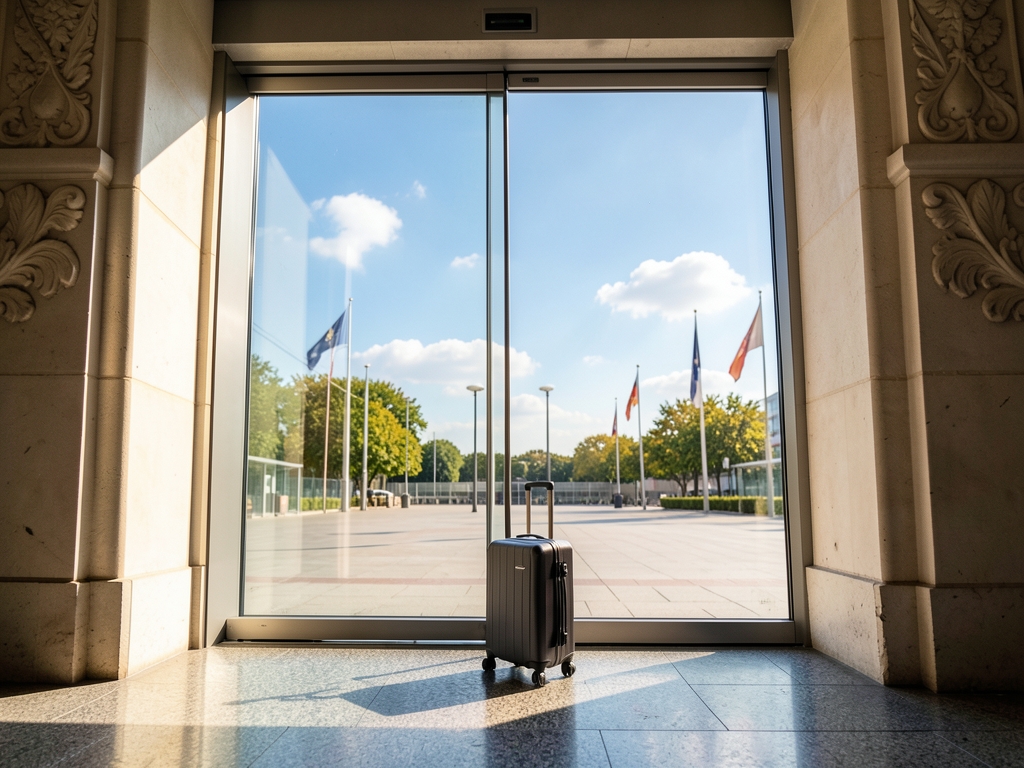 sunlit European arrival plaza beyond glass airport doors