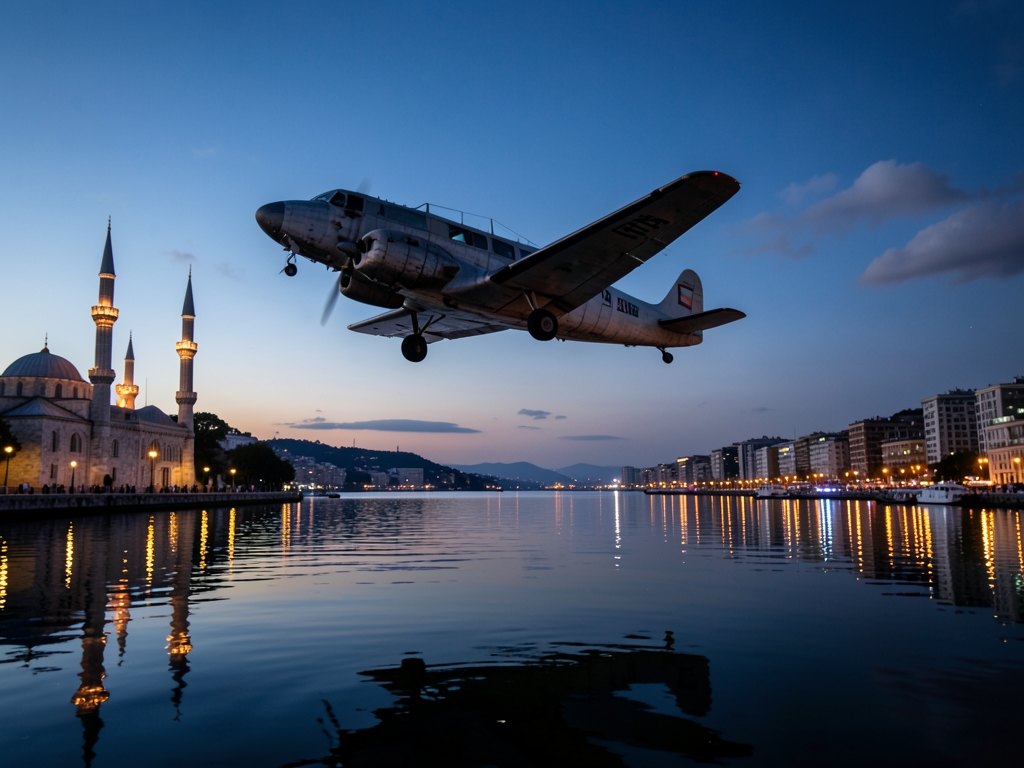 vintage airplane glides over Bosphorus Strait twilight reflecting