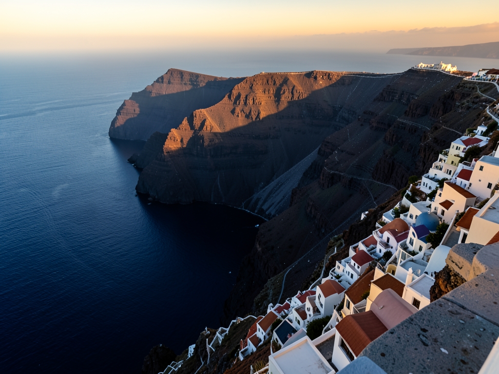 Santorini caldera golden hour dark volcanic cliffs rising