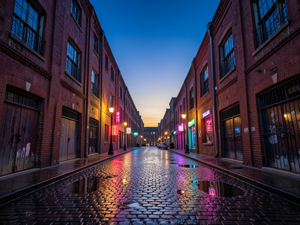Wide shot historic brick warehouse district twilight neon