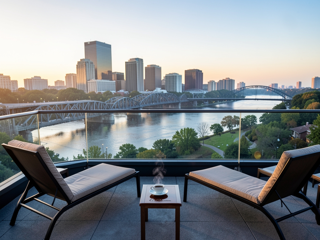 Soft morning haze over Nashville skyline seen from