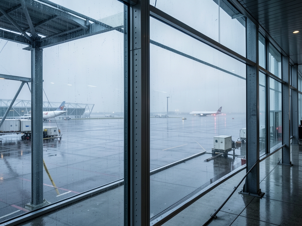 Rain darkened Heathrow tarmac viewed through expansive terminal glass