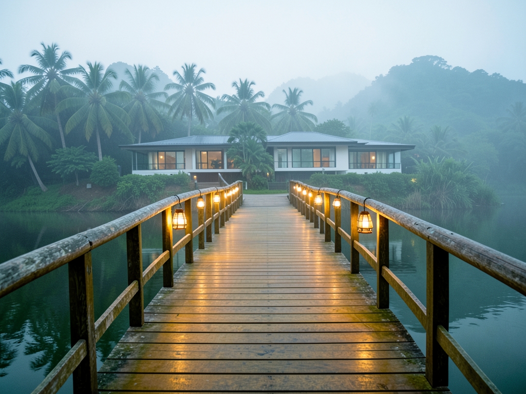 quiet riverside wooden pier dawn misty Southeast Asia