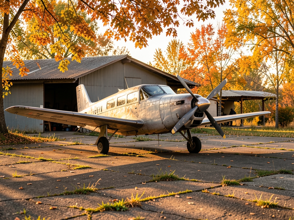 Sunlight filters through falling amber foliage illuminating weathered