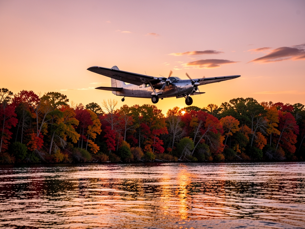 vintage propeller plane glides over Mississippi River dusk