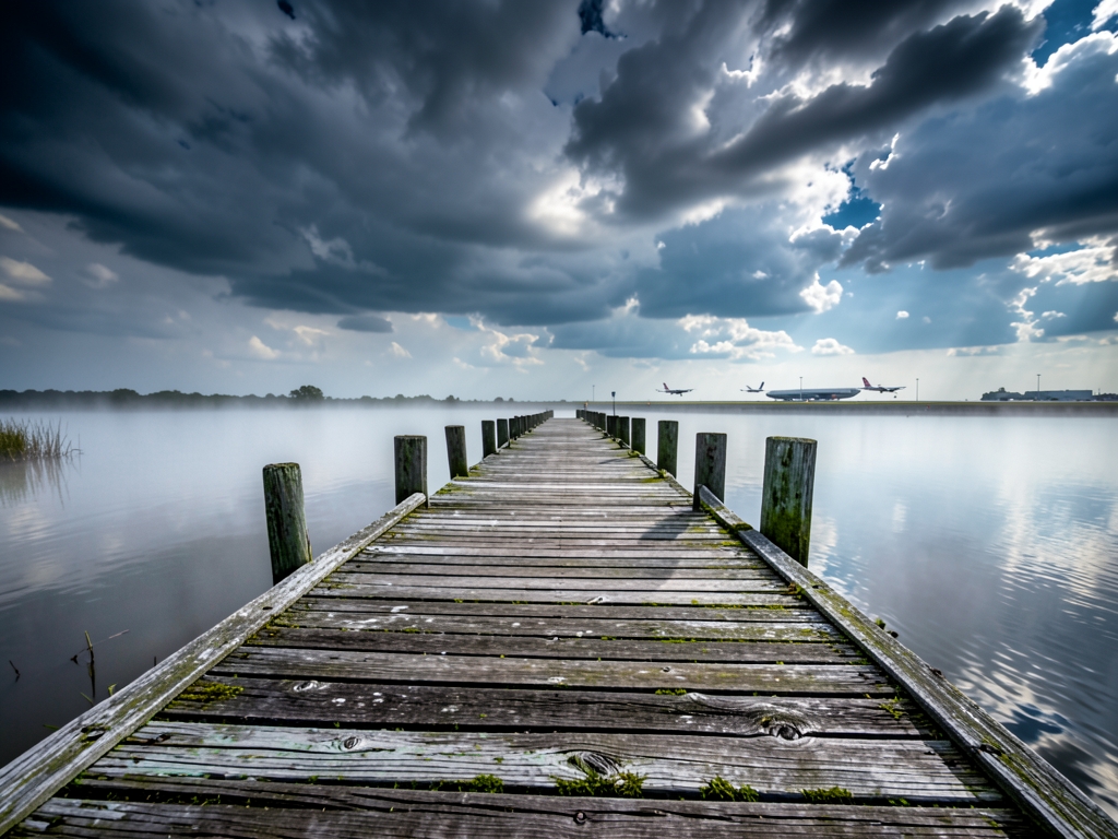 Wide angle view weathered wooden pier extending into misty