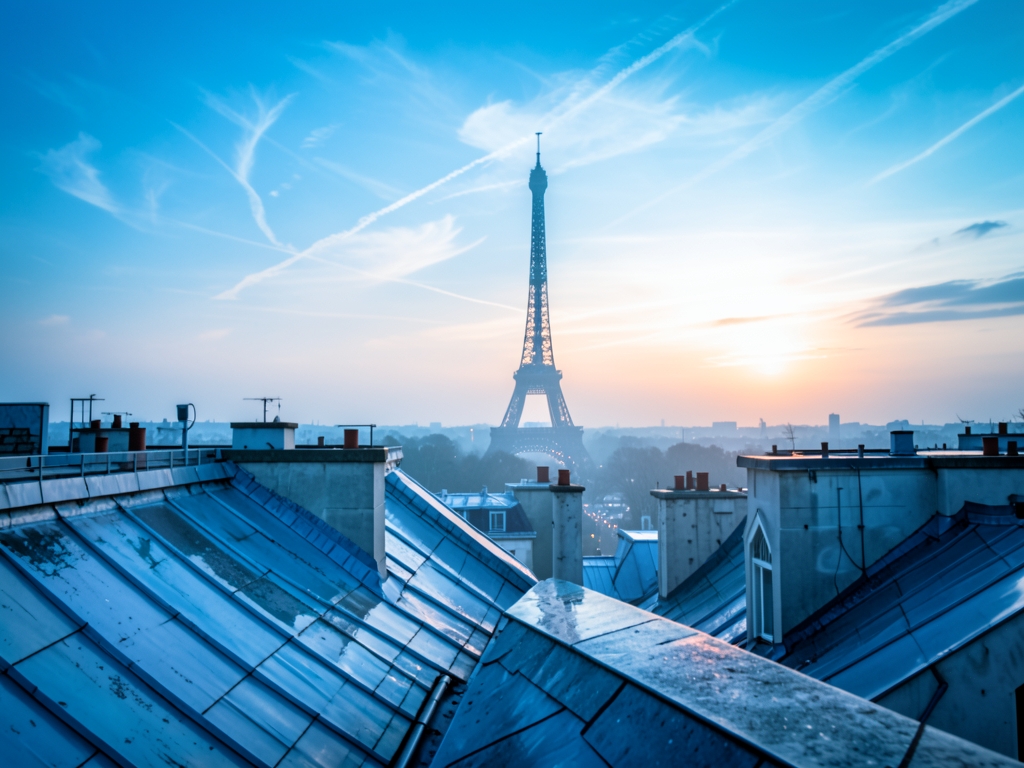 Paris rooftops Eiffel Tower silhouette soft dawn misty