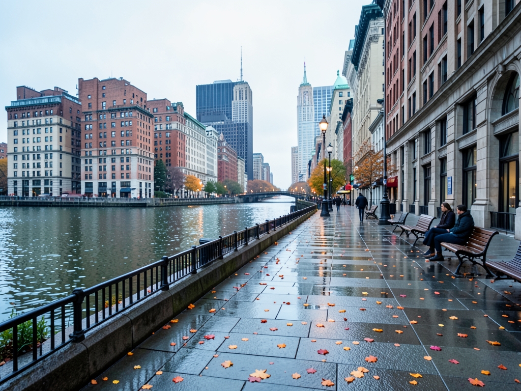 riverside promenade winds through layered Manhattan architecture stone