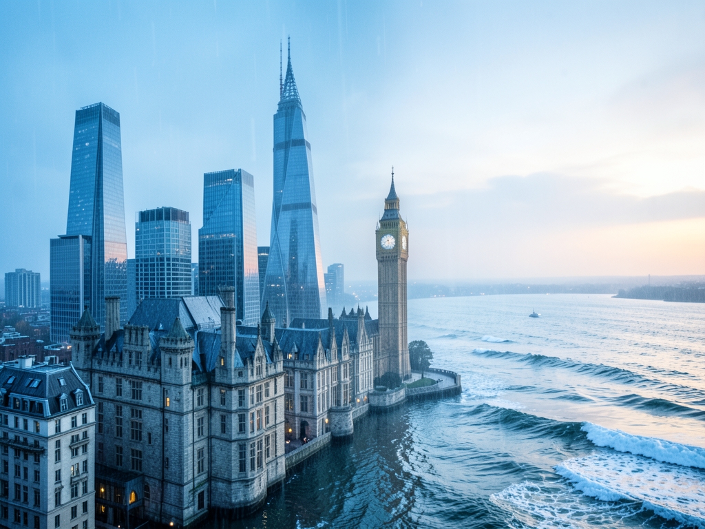York London represented through rain washed skyline transition glass
