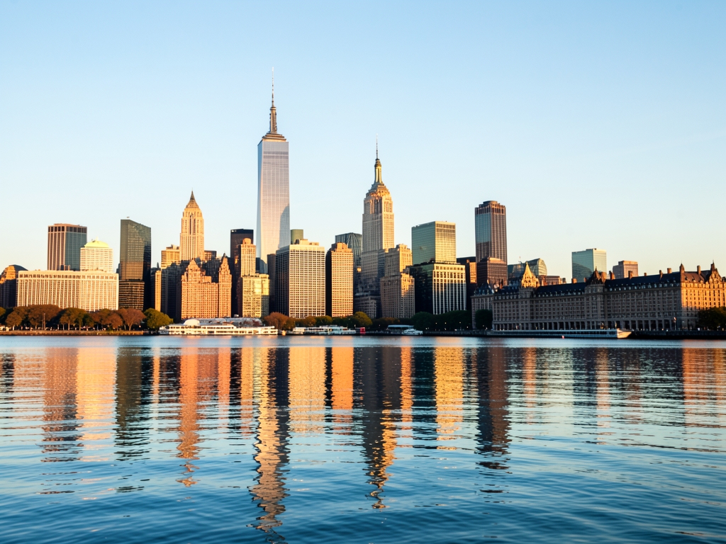 Manhattan skyline golden hour viewed across calm water
