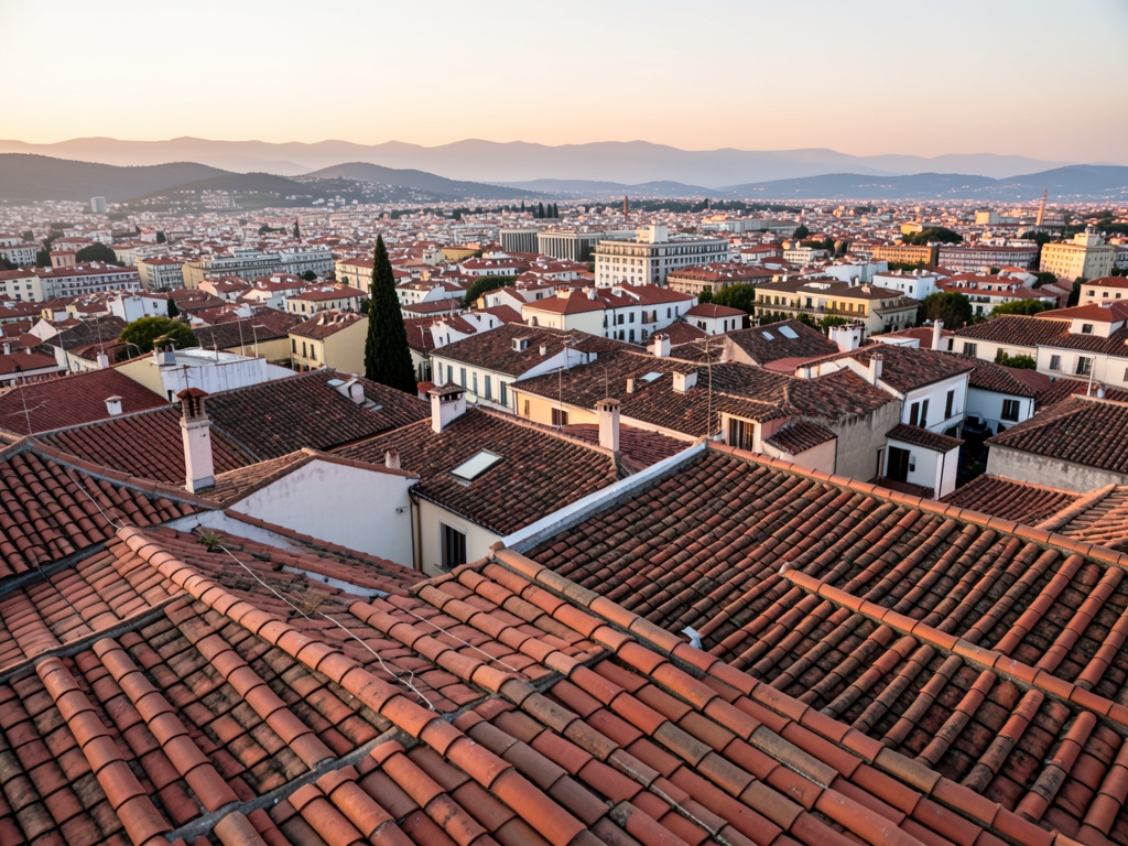 Madrid rooftops dawn with terracotta tiles warm light