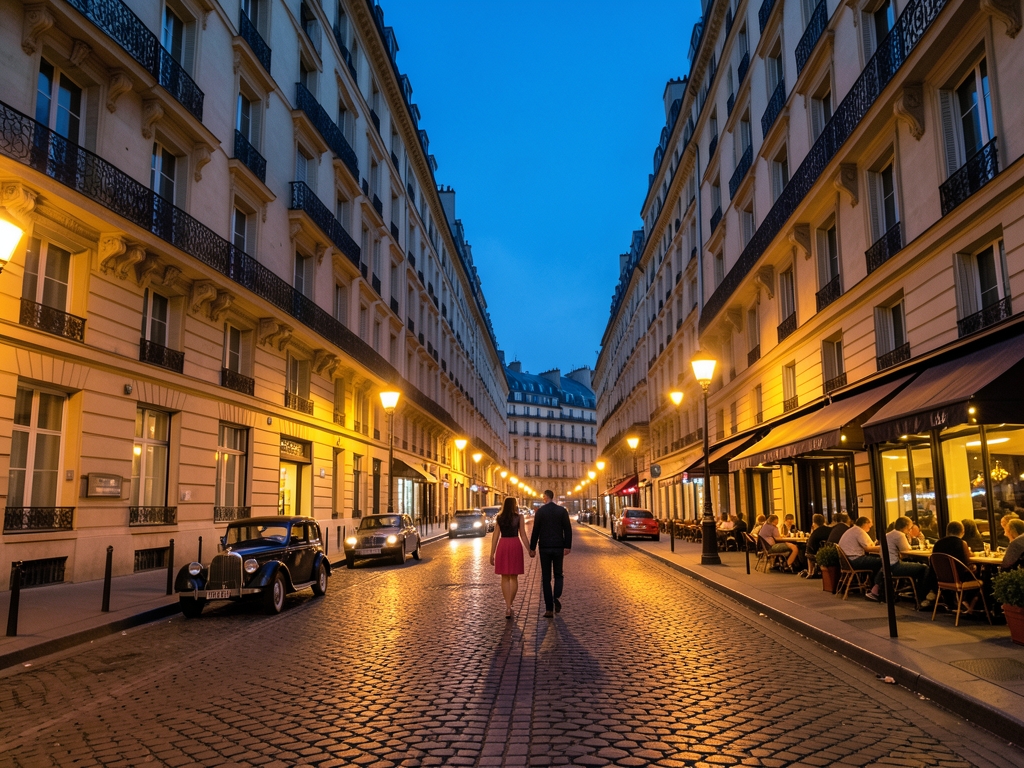 Parisian boulevard dusk with Haussmann facades warm streetlights