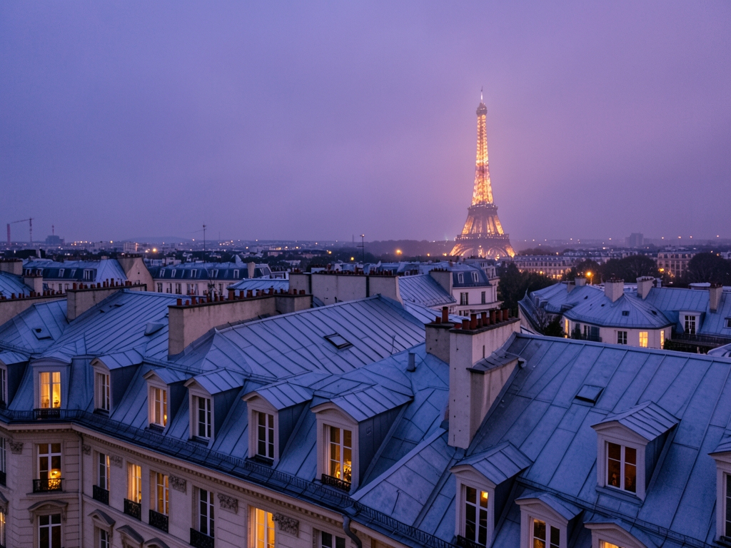 Parisian Haussmann rooftops dusk with Eiffel Tower spire