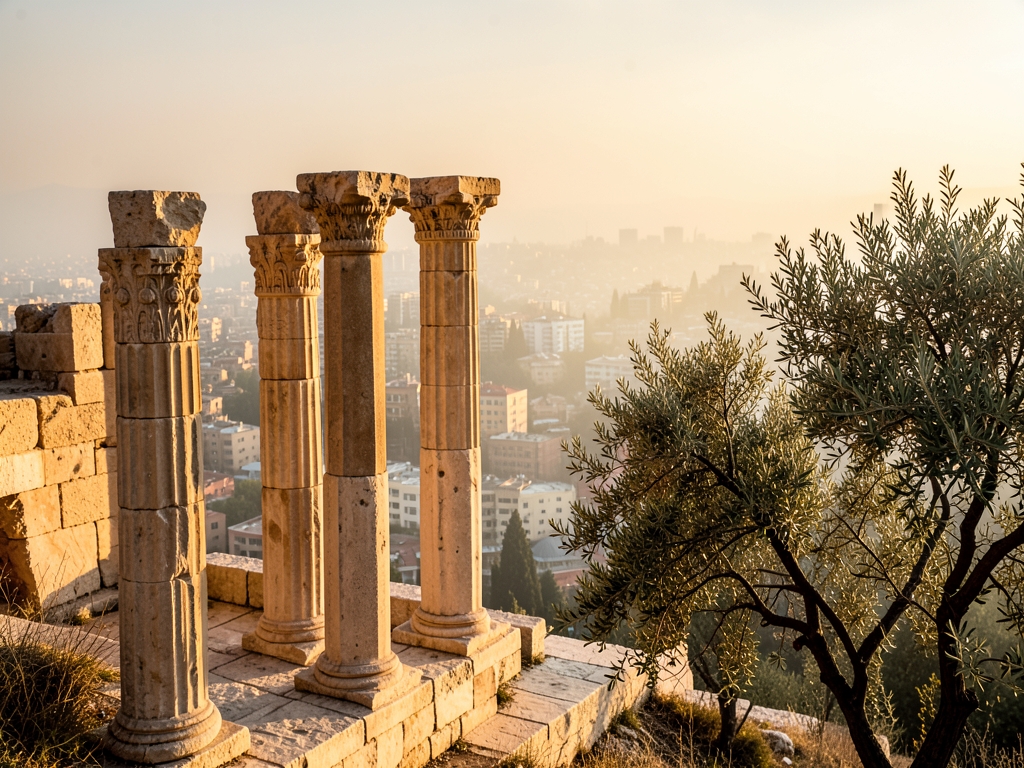 Amman hilltop citadel weathered limestone columns warm sunrise