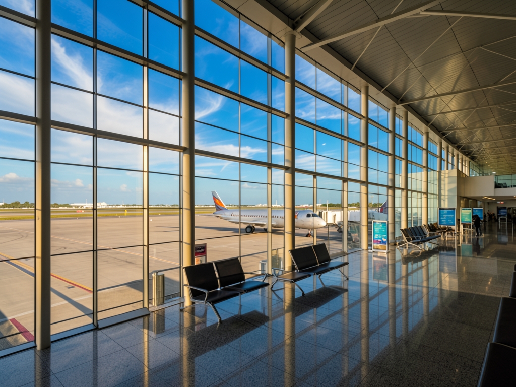 glass and steel airport concourse overlooking Aruba s runway with small