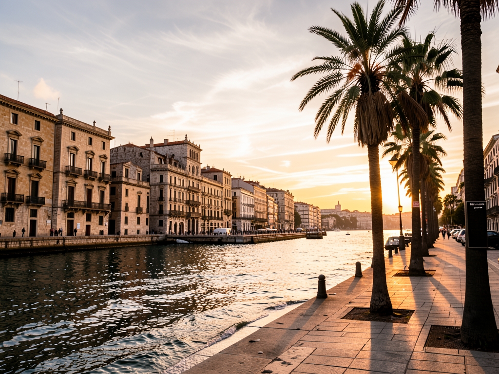 Barcelona waterfront warm sunset historic stone buildings palm lined