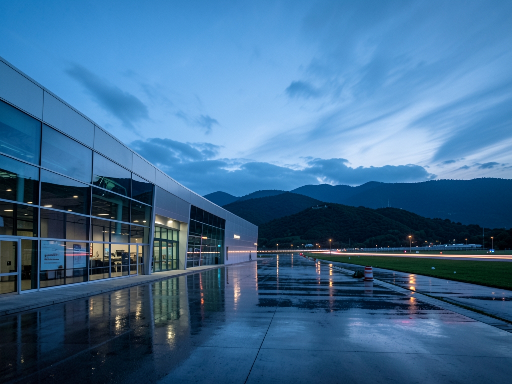 Bilbao blue hour sleek terminal frames pavement green