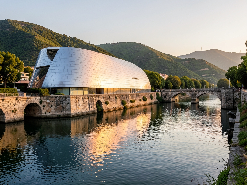 Curved titanium museum beside calm river Bilbao with