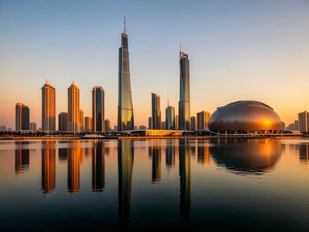 Doha modern waterfront skyline sunrise over calm water