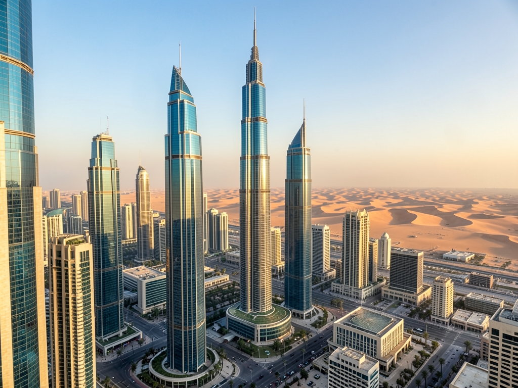 Across Dubai sunlit glass towers rise beside calm