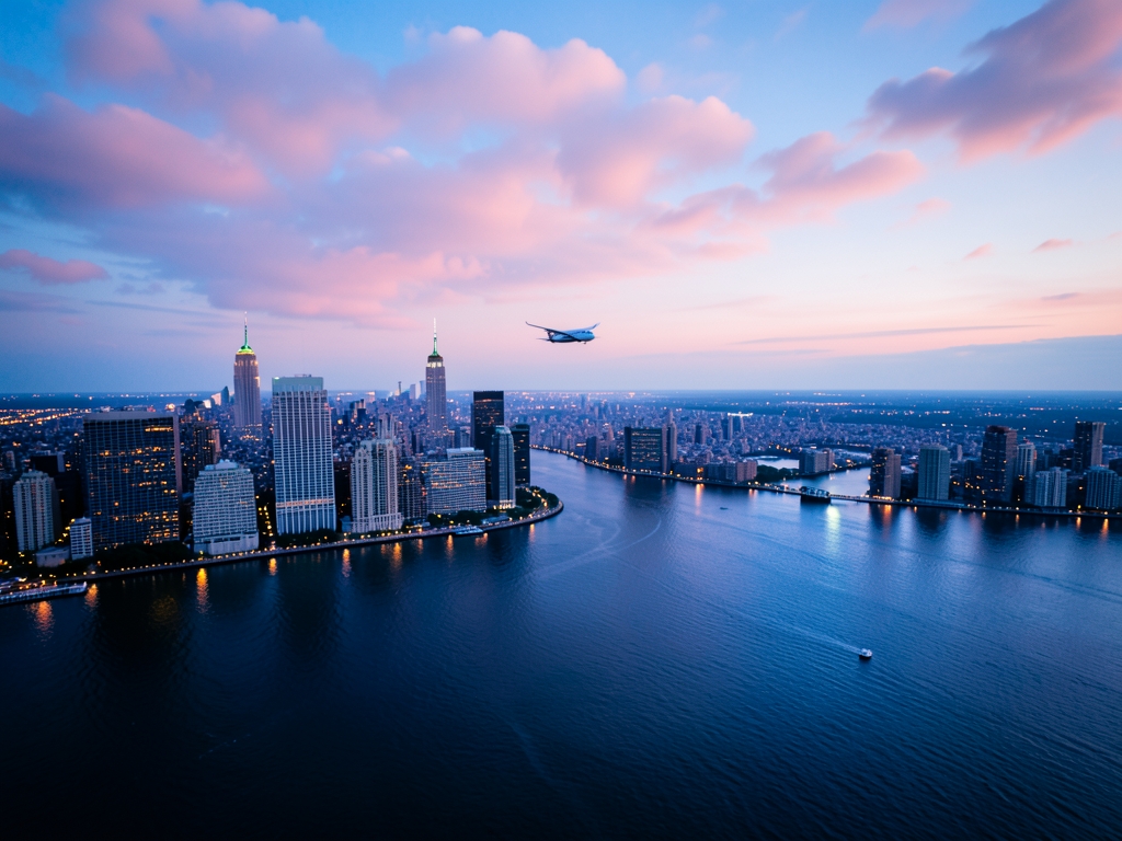 Twilight aerial view Manhattan skyline over wide river