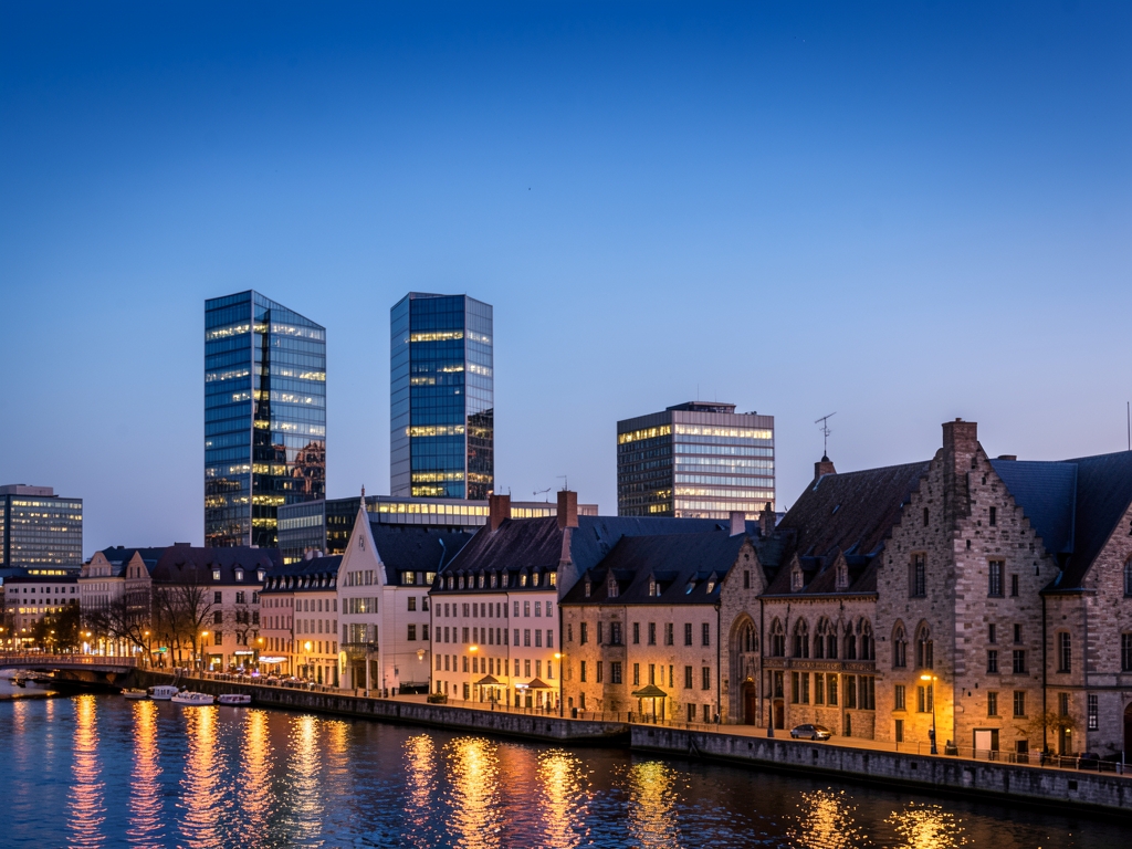 Frankfurt riverside skyline blue hour with modern glass