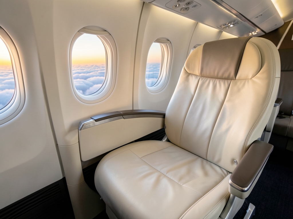 Modern aircraft cabin above clouds York Frankfurt journey spacious