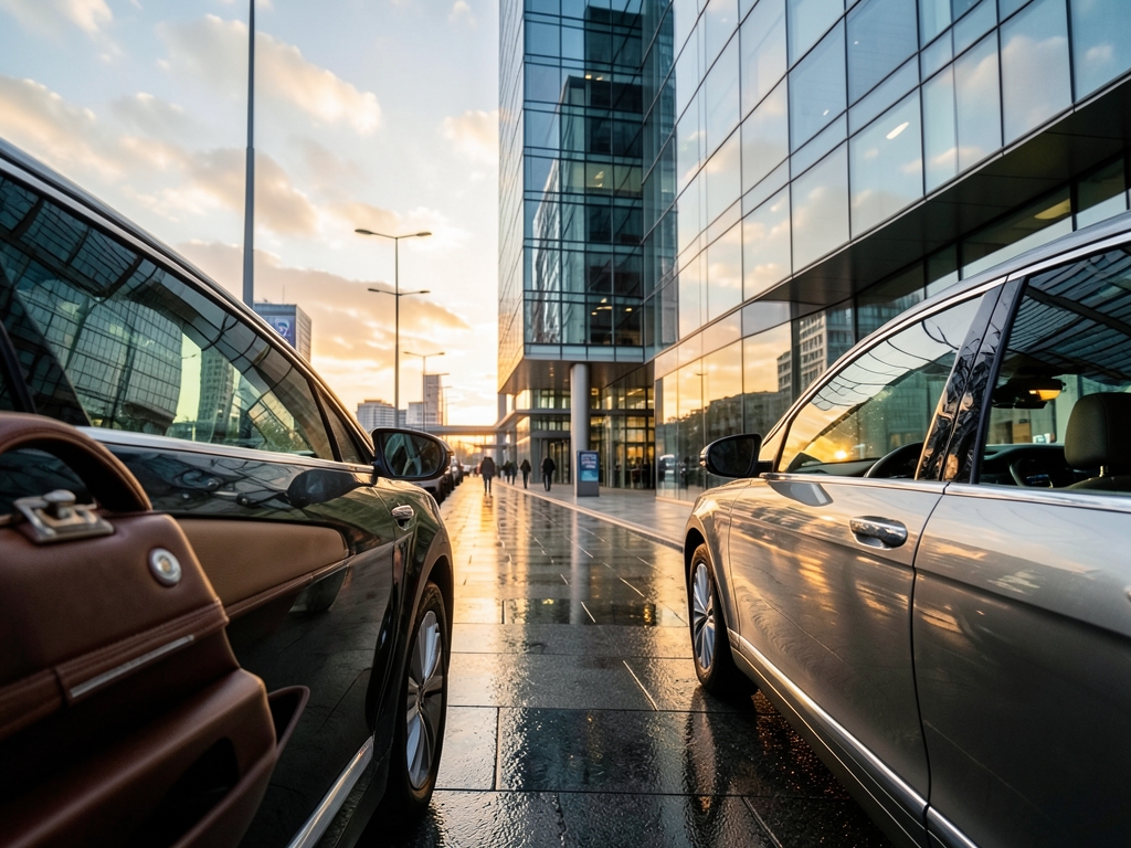 refined Frankfurt arrival golden hour modern glass architecture