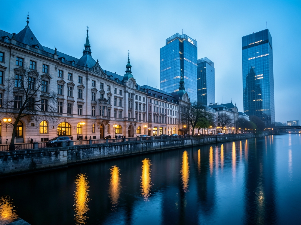 Frankfurt riverfront with historic stone buildings modern glass