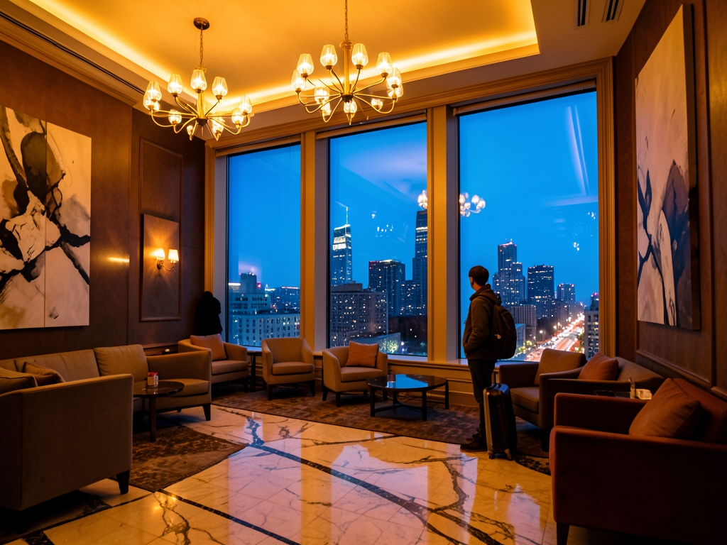 warm amber glow Manhattan lobby contrasts with crisp